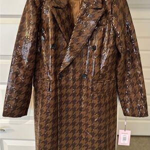 Avec Les Filles Sequin Brown Houndstooth Trench Coat